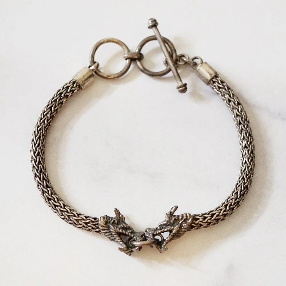 Sterling Silver Dragon Head Toggle Bracelet โ Vintage 925 Braided Mesh Chain - Picture 1 of 6
